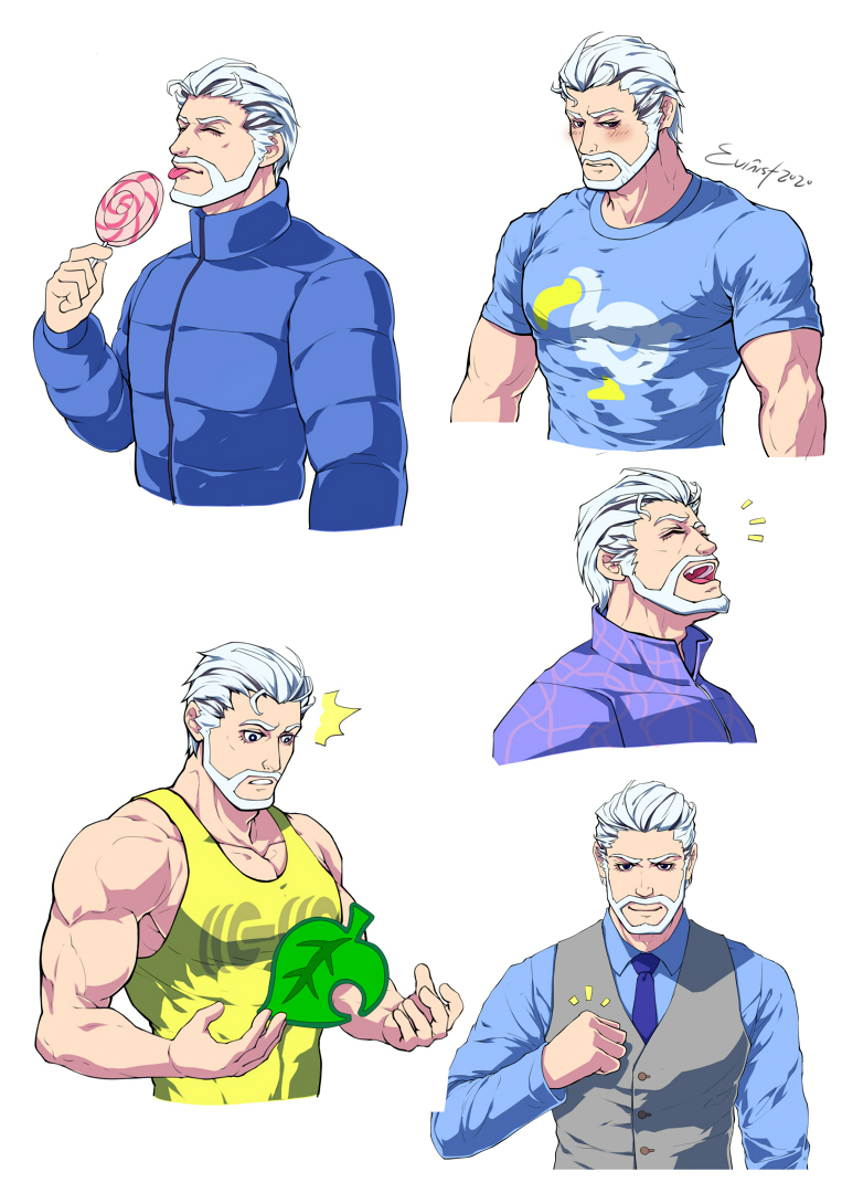 1boy animal_crossing artist_name bara beard blue_jacket blue_shirt blush candy closed_eyes closed_mouth collared_shirt evinist facial_hair food grey_vest holding holding_candy holding_food holding_lollipop jacket large_pectorals leaf lollipop male_focus multiple_views muscular muscular_male necktie open_mouth pectorals personification rolf_(animal_crossing) shirt short_hair smile tank_top tongue tongue_out vest white_hair yellow_tank_top