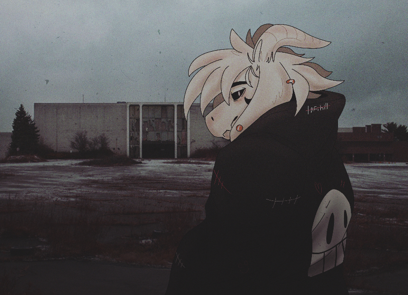 abandoned_building anthro asriel_dreemurr asriel_dreemurr_(god_form) black_clothing black_hoodie black_topwear bovid caprine clothing fangs fur goat hair hoodie horn lofihill long_ears long_hair looking_back male mammal photo_background piercing shad shaded solo topwear undertale undertale_(series) video_games white_body white_fur