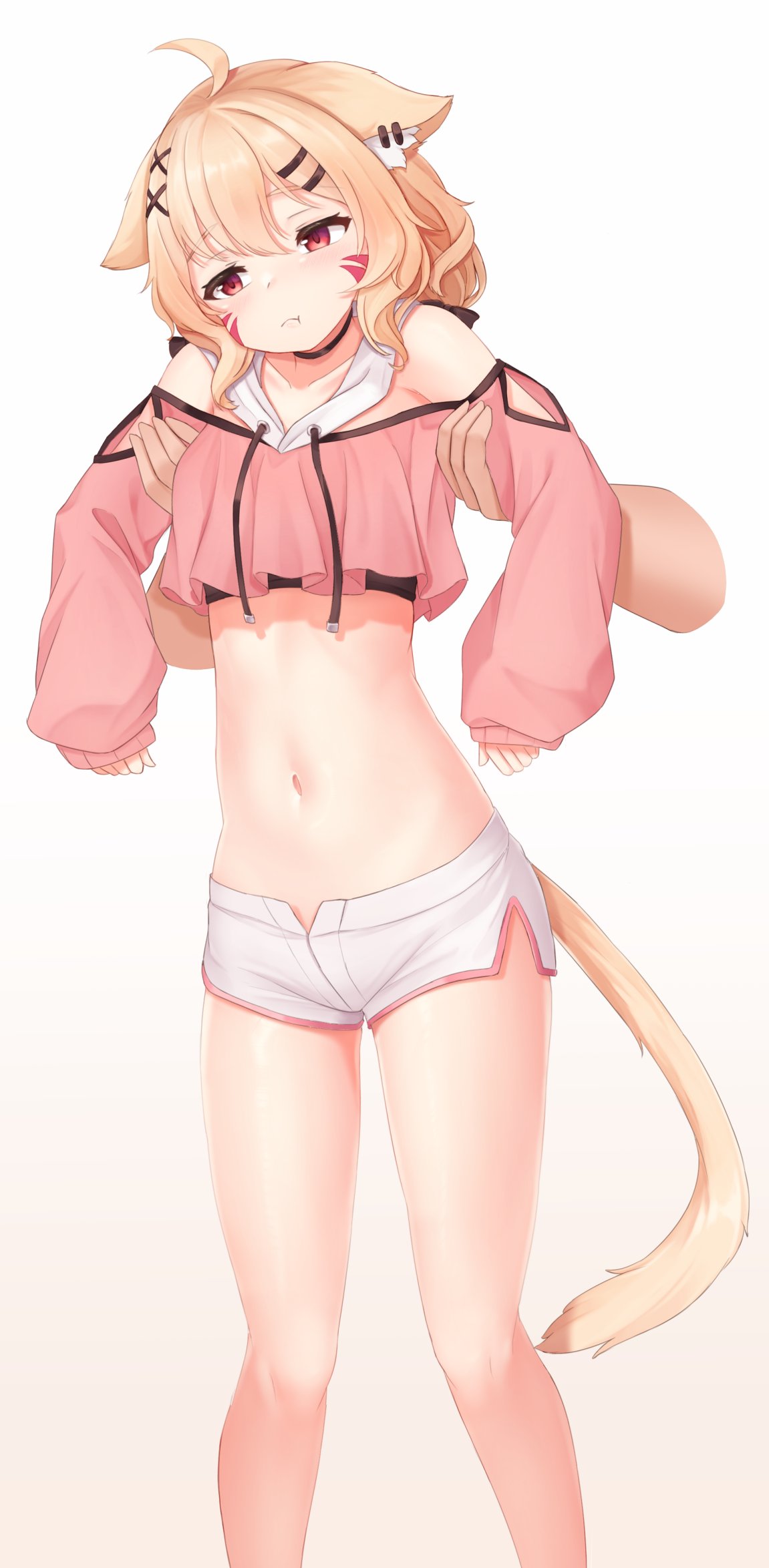 1girl :t animal_ears bare_legs blonde_hair cat_ears cat_girl cat_tail crop_top disembodied_limb facepaint highres holding_person indie_virtual_youtuber lifting_person longcat meemo meme midriff navel red_eyes short_hair short_shorts shorts shyrei_faolan sleeves_past_wrists stomach tail