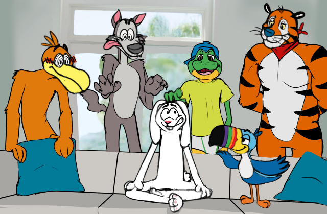 amphibian anthro avian bedroom_eyes bird canid canine canis cereal_mascot chip_the_wolf cocoa_puffs cookie_crisp dig'em_frog felid frog froot_loops frosted_flakes furniture general_mills group honey_smacks kellogg's lagomorph leporid lewd_latte male mammal mascot meme narrowed_eyes pantherine pornography rabbit seductive sofa sonny_the_cuckoo_bird tiger tony_the_tiger toucan toucan_sam trix trix_rabbit wolf