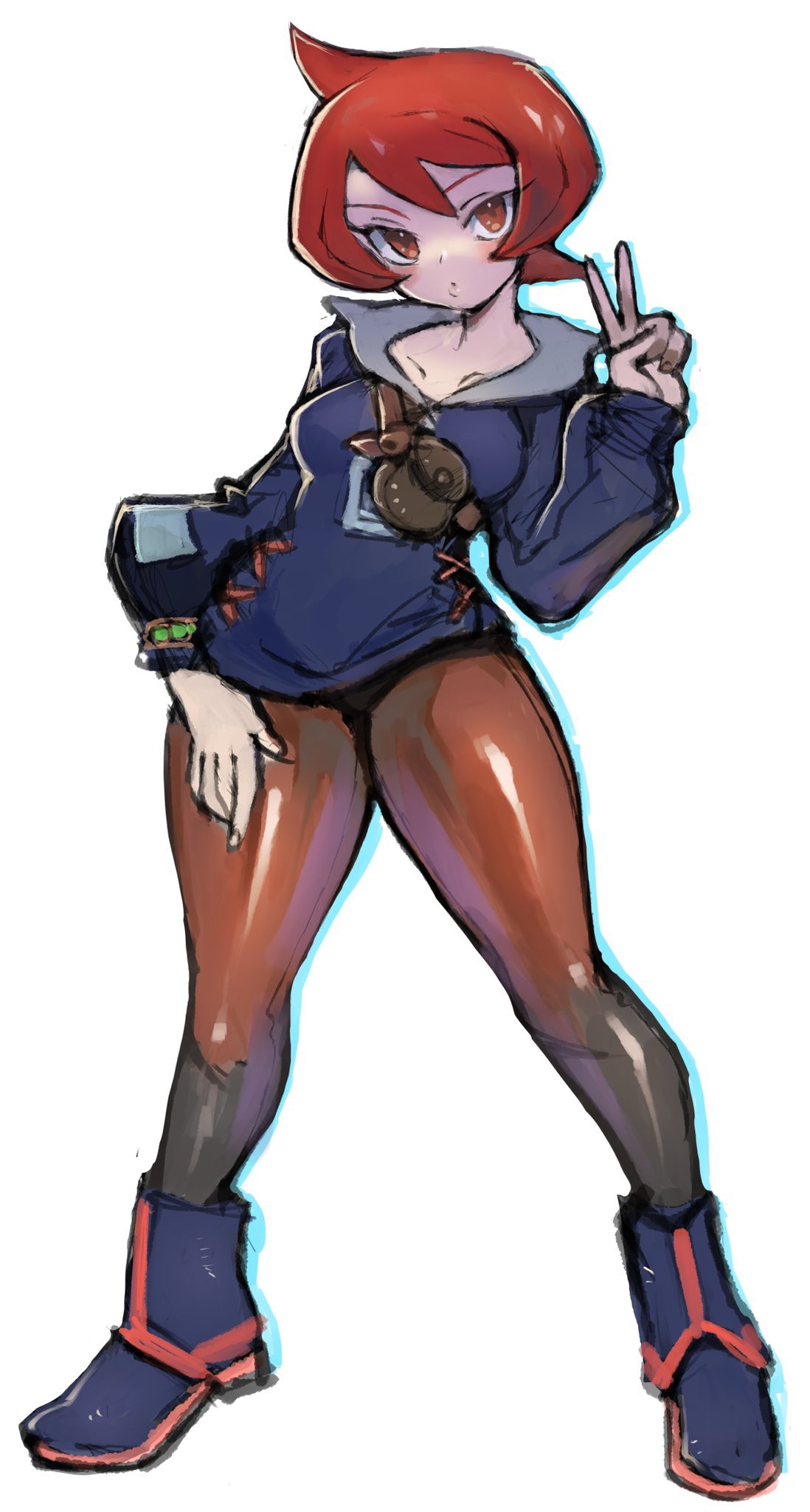 arezu_(pokemon) blue_footwear blue_hoodie blush boots breasts brown_eyes brown_hair brown_legwear collarbone dakusuta hand_on_own_thigh head_tilt highres hood hoodie leaning_to_the_side looking_at_viewer medium_breasts pantyhose pokemon pokemon_(game) pokemon_legends:_arceus thick_thighs thighs v white_background