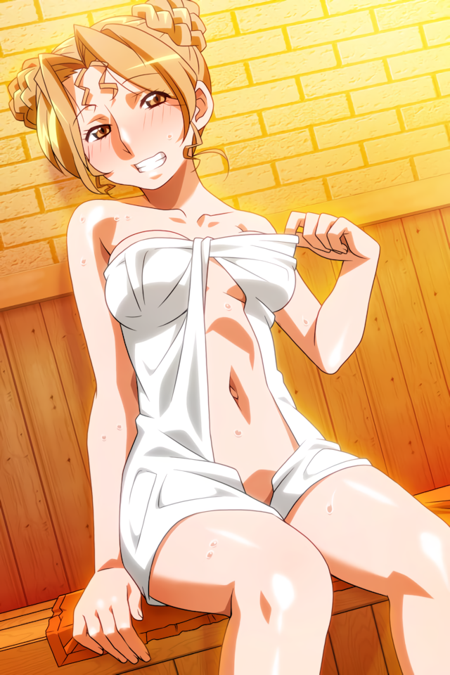 1girl blush brown_eyes brown_hair double_bun dutch_angle feet grin hayasaka_akira indoors naked_towel navel non-web_source sauna short_hair sitting smile solo super_real_mahjong super_real_mahjong_p5 sweat tanaka_ryou towel