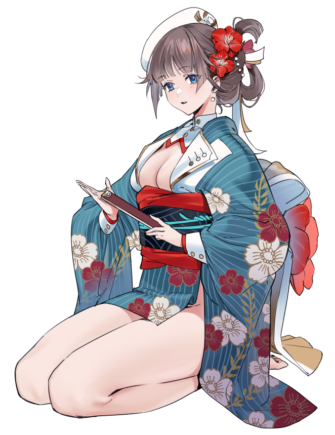 1girl bangs barefoot blue_eyes blue_kimono blush breasts brown_hair cleavage collar earrings eyebrows_visible_through_hair flower hair_flower hair_ornament hand_fan holding holding_fan japanese_clothes jewelry kimono kurumi_(recycllamo) legs long_sleeves looking_at_viewer medium_hair original parted_lips red_flower sitting solo wide_sleeves