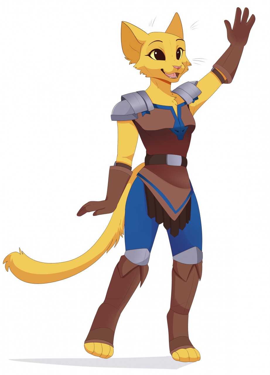 2019 anthro armor bethesda_softworks clothed clothing felid female feve fur gloves handwear hi_res katia_managan khajiit mammal open_mouth pauldron prequel_adventure simple_background smile solo the_elder_scrolls video_games wave webcomic white_background yellow_body yellow_fur