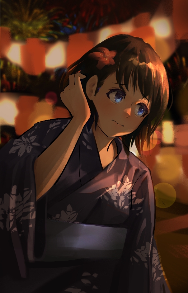 1girl black_hair blue_eyes blurry blurry_background dibula festival fireworks flower hair_flower hair_ornament hand_up japanese_clothes kimono kofune_mio lantern night night_sky obi outdoors paper_lantern sash sky solo summertime_render tan upper_body yukata