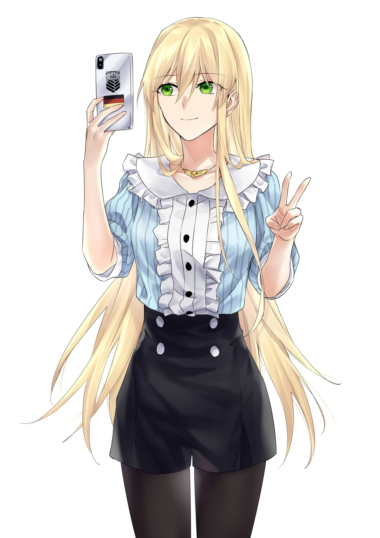 1girl alternate_costume arm_up bangs black_legwear black_skirt blonde_hair blue_shirt breasts casual cellphone closed_mouth collarbone english_commentary eyebrows_visible_through_hair feet_out_of_frame german_flag girls'_frontline green_eyes griffin_&amp;_kryuger highres holding holding_phone jewelry long_hair looking_at_viewer medium_breasts necklace pantyhose phone selfie shirt skirt smartphone smile solo standing stg44_(girls'_frontline) suprii v white_background