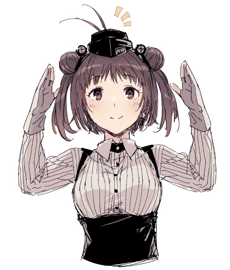 1girl antenna_hair atlanta_(kancolle) atlanta_(kancolle)_(cosplay) bangs black_skirt breasts brown_eyes brown_hair commentary cosplay cropped_torso double_bun earrings eyebrows_visible_through_hair garrison_cap gloves hat headgear jewelry kantai_collection looking_at_viewer medium_breasts naka_(kancolle) partially_fingerless_gloves satsumi searchlight shirt simple_background single_earring skirt smile solo star_(symbol) star_earrings suspender_skirt suspenders white_background