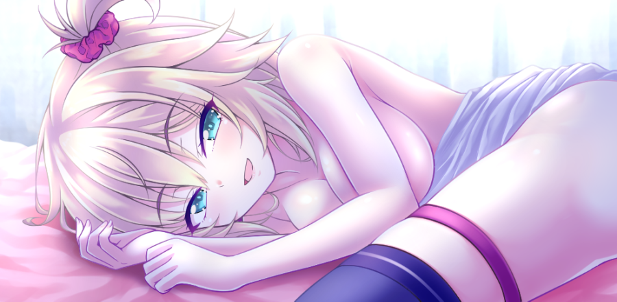 1girl akai_haato aqua_eyes blonde_hair breasts curtains flo hair_ornament half-closed_eyes heart heart_hair_ornament hololive large_breasts legband lying on_side one_side_up open_mouth raised_eyebrows smile solo thighhighs virtual_youtuber