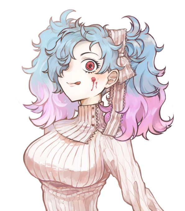 1girl armor_removed bangs blue_hair fire_emblem fire_emblem_fates licking_lips looking_at_viewer multicolored_hair peri_(fire_emblem) pink_hair pirihiba red_eyes solo sweater tongue tongue_out turtleneck turtleneck_sweater twintails two-tone_hair upper_body