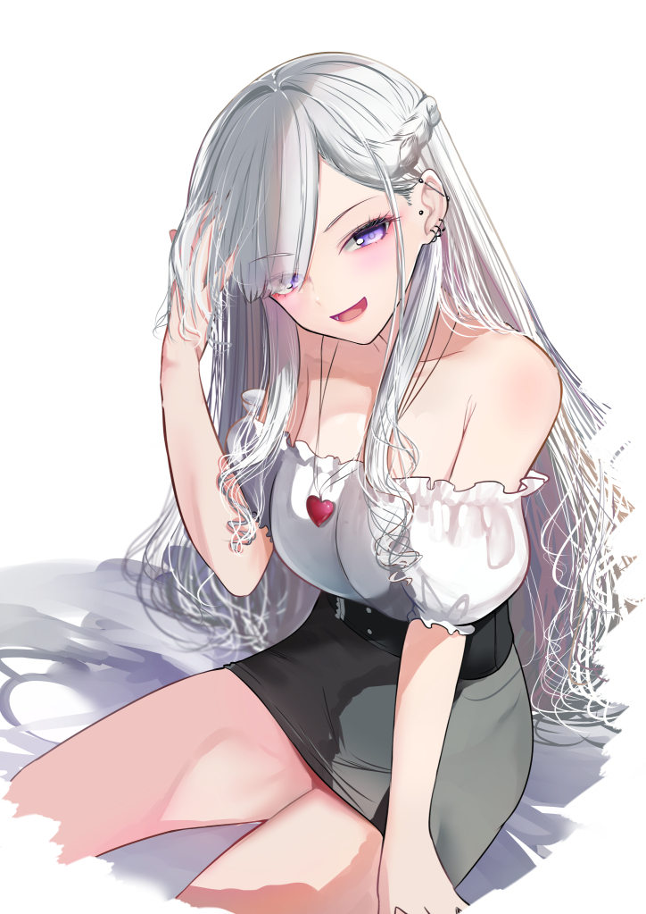 1girl :d azur_lane bare_shoulders belfast_(azur_lane) black_skirt braid breasts cleavage collarbone cropped_legs ear_piercing eyebrows_visible_through_hair eyes_visible_through_hair hair_over_one_eye hand_in_own_hair hand_up heart heart_necklace large_breasts long_hair looking_at_viewer makeup mascara off-shoulder_shirt off_shoulder open_mouth piercing puffy_short_sleeves puffy_sleeves purple_eyes schreibe_shura shirt short_sleeves simple_background sitting skirt smile solo very_long_hair white_background white_hair white_shirt