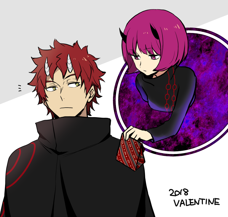 1boy 1girl 7100potechi bangs black_cloak bob_cut cloak dated floating gift giving hairein hetero holding holding_gift horns long_sleeves looking_at_another looking_away mira_(world_trigger) outstretched_arm portrait_(object) purple_eyes purple_hair red_hair short_hair sideways_glance valentine white_background world_trigger