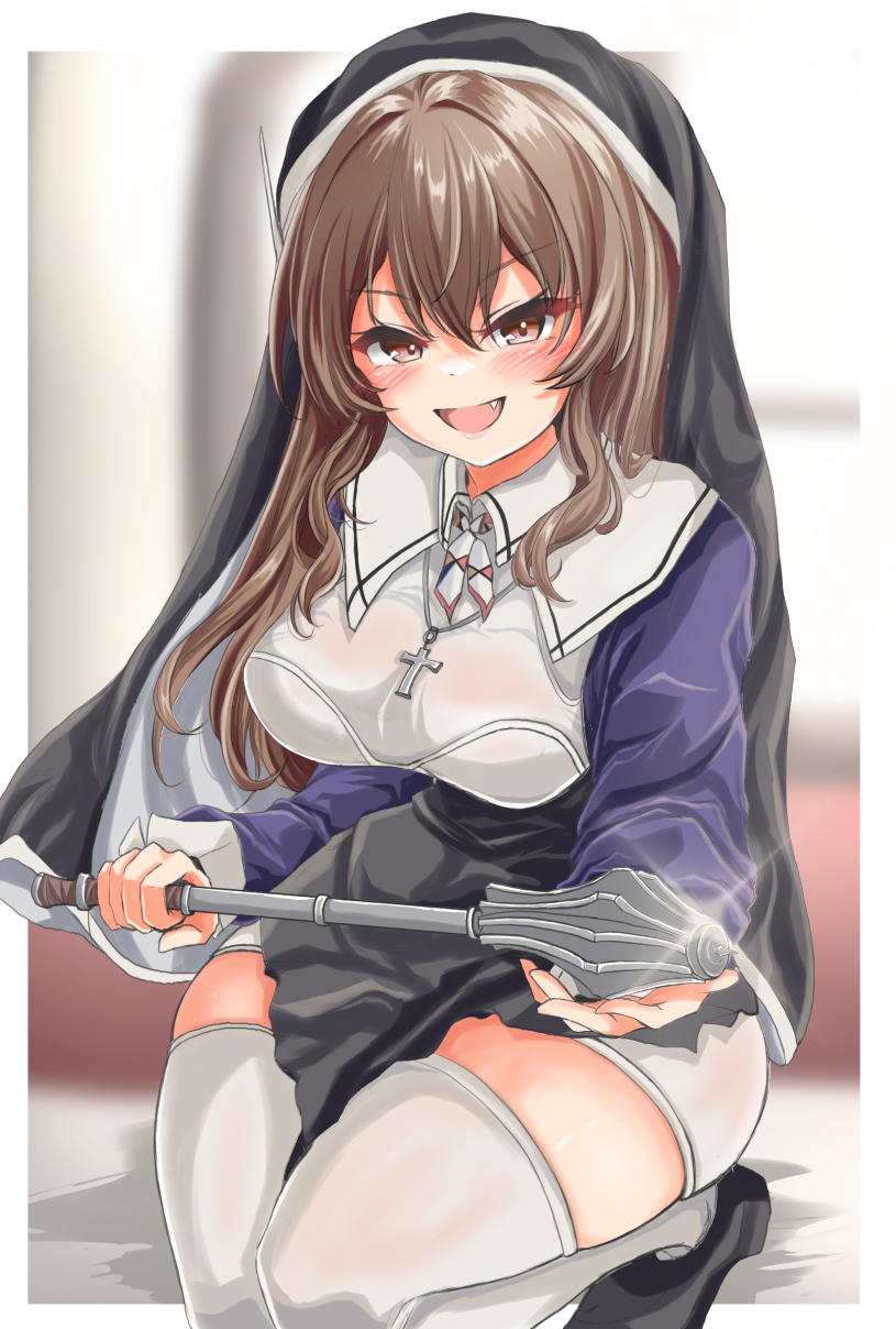 1girl adapted_costume alternate_costume ashigara_(kancolle) ashigara_kai_ni_(kancolle) black_dress breasts brown_eyes brown_hair catholic collared_dress cross cross_necklace crucifix dress eyebrows_visible_through_hair fang habit hair_between_eyes highres holding holding_weapon indoors jewelry kantai_collection kasashi_(kasasi008) long_sleeves mace medium_breasts necklace nun open_mouth shoes shorts smile solo squatting thighhighs wavy_hair weapon white_legwear white_shorts window