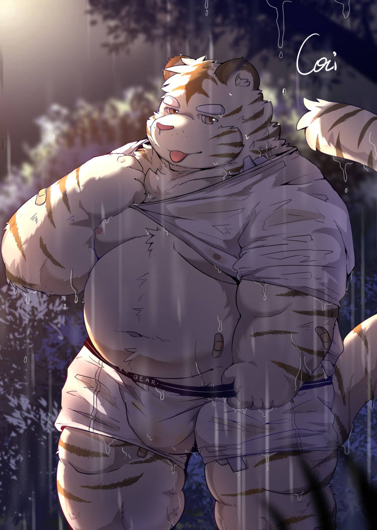 2022 anthro band-aid bandage belly big_belly bulge cai_yuwang clothing felid humanoid_hands kemono male mammal moobs night nipples outside overweight overweight_male pantherine raining shirt solo tiger tongue tongue_out topwear underwear wet wet_clothing wet_shirt wet_topwear white_body