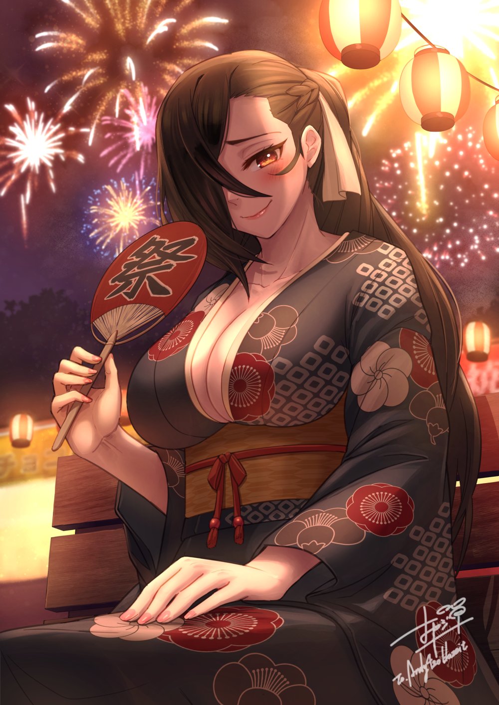 1girl alternate_costume bangs black_kimono braid breasts brown_eyes brown_hair cleavage closed_mouth commission fire_emblem fireworks floral_print french_braid hair_over_one_eye highres japanese_clothes kagero_(fire_emblem) kimono lantern large_breasts long_hair night obi outdoors oyaji-sou paper_lantern ponytail sash signature sitting skeb_commission smile solo