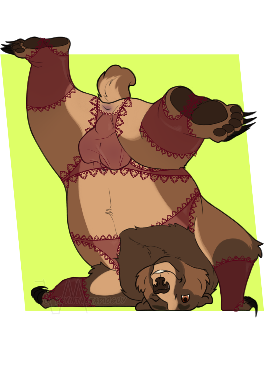 anus balls big_balls brown_bear chubby_feral chubby_male clothed clothed_feral clothing feral genitals grizzly_bear hair handstand headstand hi_res kevintheradioguy kuruk_(character) lace lingerie mammal mane mane_hair pawpads paws slightly_chubby upside_down ursid ursine