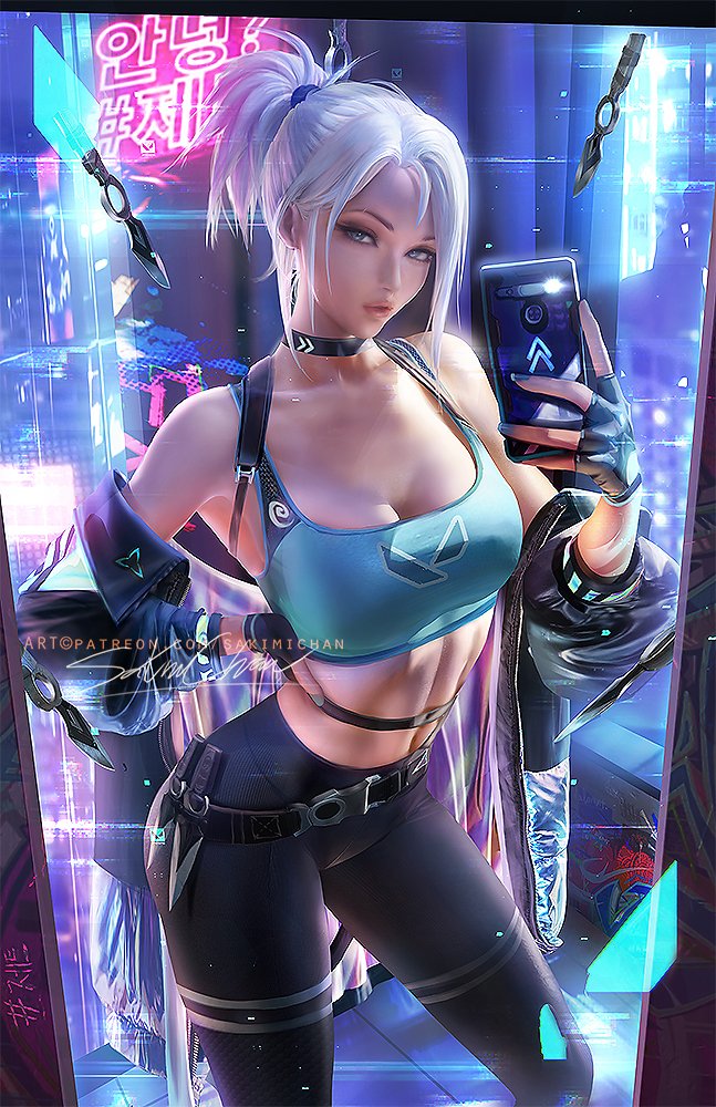 1girl arched_back banned_artist bare_shoulders belt black_legwear breasts cellphone choker crop_top curvy dagger fingerless_gloves gloves grey_eyes hand_on_hip jacket jacket_partially_removed jett_(valorant) knife lips looking_at_viewer navel phone ponytail pose sakimichan selfie solo strap tank_top thighs utility_belt valorant weapon white_hair