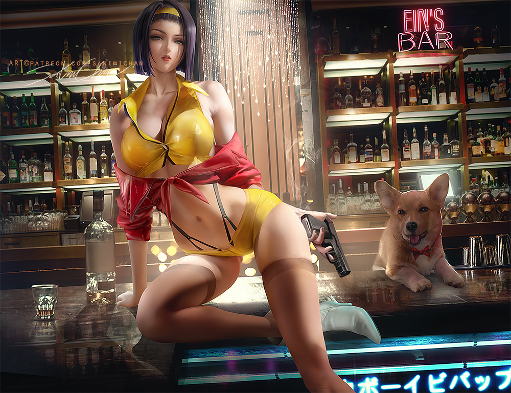 1girl abs alcohol bangs banned_artist bar bare_shoulders breasts cleavage clothing_cutout collar cowboy_bebop crop_top dog faye_valentine gun hairband jacket jacket_partially_removed large_breasts lips navel navel_cutout purple_hair red_lips sakimichan shiny shiny_clothes short_hair short_shorts shorts skindentation sleeveless strap thighhighs thighs weapon yellow_shorts