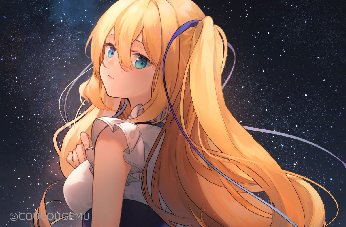 1girl bangs black_skirt blonde_hair blue_ribbon breasts closed_mouth commentary_request eyebrows_behind_hair from_behind green_eyes hair_between_eyes hair_ribbon hand_up high-waist_skirt long_hair looking_at_viewer looking_back medium_breasts night night_sky original ribbon shinia shirt skirt sky solo star_(sky) starry_sky twitter_username two_side_up upper_body very_long_hair white_shirt