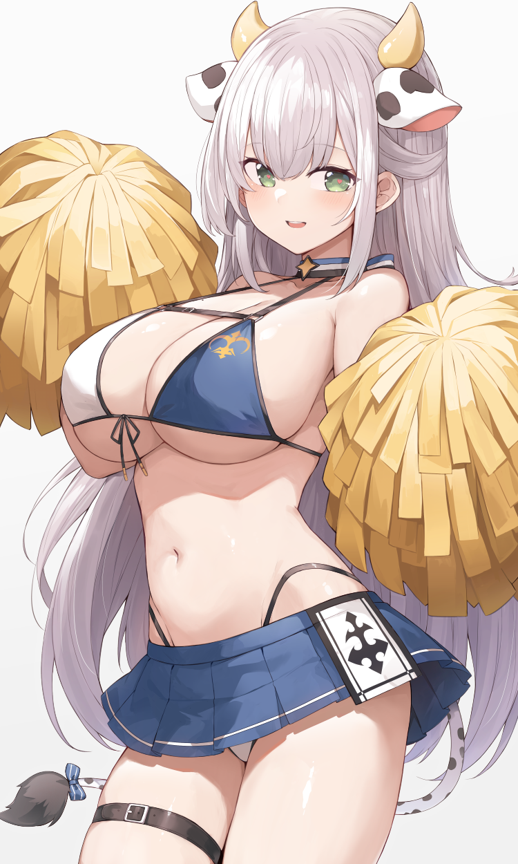 1girl animal_ears bikini blue_bikini blue_skirt breasts chest_strap choker cleavage cow_ears cow_girl cow_horns eyebrows_visible_through_hair green_eyes heart heart-shaped_pupils highres hololive horns large_breasts long_hair mole mole_on_breast mou_tama_maru panties pom_pom_(cheerleading) shirogane_noel skirt solo swimsuit symbol-shaped_pupils thigh_strap underwear virtual_youtuber white_panties