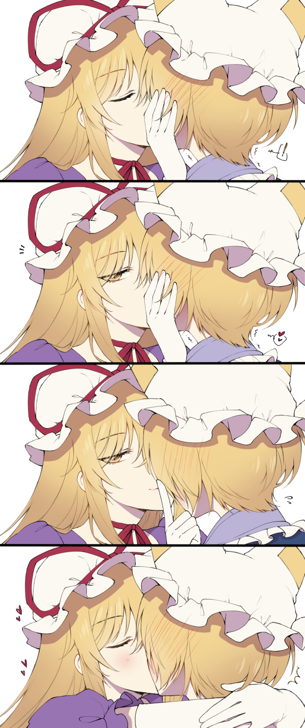 ! 2girls ^^^ animal_ears arms_around_neck bangs blonde_hair blush closed_eyes commentary dress elbow_gloves finger_to_mouth flying_sweatdrops fourth_wall from_behind gloves hand_on_another's_cheek hand_on_another's_face hat hat_ribbon heart highres imminent_kiss kirisita kiss kiss_day lipstick long_hair looking_at_viewer makeup mob_cap multiple_girls notice_lines pillow_hat puffy_short_sleeves puffy_sleeves purple_dress red_ribbon ribbon short_hair short_sleeves shushing smile touhou white_background yakumo_ran yakumo_yukari yellow_eyes yuri