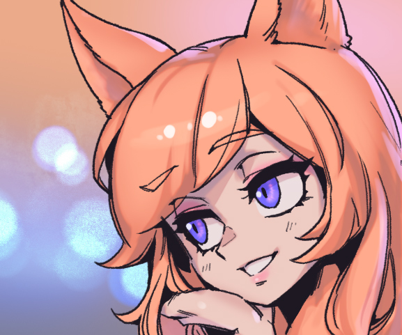 ahri_(league_of_legends) bangs blonde_hair blue_background blue_eyes brown_background eyebrows_visible_through_hair gradient gradient_background grin league_of_legends long_hair phantom_ix_row portrait shiny shiny_hair smile solo star_guardian_(league_of_legends) star_guardian_ahri symbol-only_commentary teeth