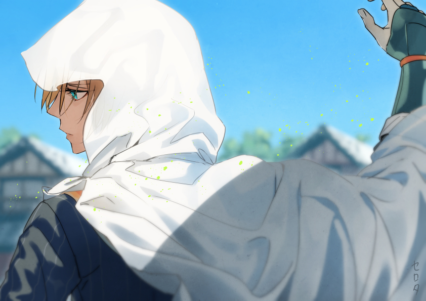 1boy aqua_eyes arm_guards armor bangs blonde_hair blue_jacket blue_sky blurry cloak closed_mouth day depth_of_field from_behind hand_up hood hood_up hooded_cloak jacket japanese_armor light_particles looking_away male_focus outdoors profile serota shade short_hair sky solo touken_ranbu white_cloak yamanbagiri_kunihiro