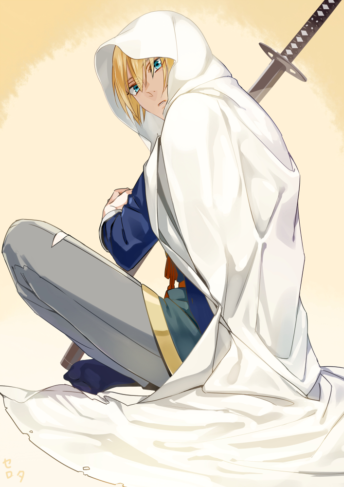 1boy aqua_eyes bangs blonde_hair blue_jacket blue_legwear cloak from_side frown full_body grey_pants hair_between_eyes hood hood_up hooded_cloak jacket katana long_sleeves looking_at_viewer looking_to_the_side male_focus no_shoes pants parted_lips serota short_hair sitting socks solo surprised sword torn_clothes torn_pants touken_ranbu weapon white_cloak yamanbagiri_kunihiro yellow_background