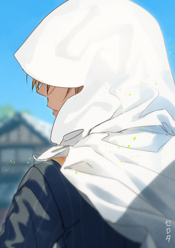 1boy blonde_hair blue_jacket blue_sky blurry cloak covered_eyes day depth_of_field from_behind hood hood_over_eyes hood_up hooded_cloak house jacket light_particles male_focus outdoors profile serota short_hair sky solo touken_ranbu upper_body white_cloak yamanbagiri_kunihiro