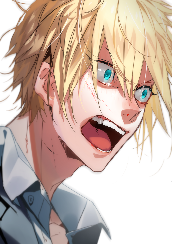 1boy aqua_eyes bangs blonde_hair blood blood_on_face blurry collared_shirt cuts depth_of_field hair_between_eyes injury long_sleeves looking_away male_focus messy_hair nosebleed open_mouth portrait serota severed_hair shirt short_hair simple_background solo tearing_up teeth touken_ranbu white_background wide-eyed yamanbagiri_kunihiro