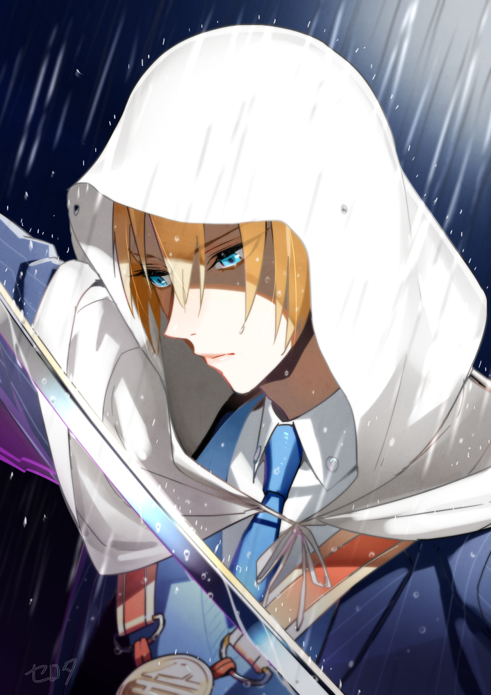 1boy aqua_eyes arm_up bangs blonde_hair blue_jacket blue_necktie blue_sweater cloak closed_mouth collared_shirt hair_between_eyes hood hood_up hooded_cloak jacket katana long_sleeves looking_away male_focus necktie rain serota shaded_face shirt short_hair solo sweater sword touken_ranbu unsheathed upper_body weapon white_cloak white_shirt yamanbagiri_kunihiro