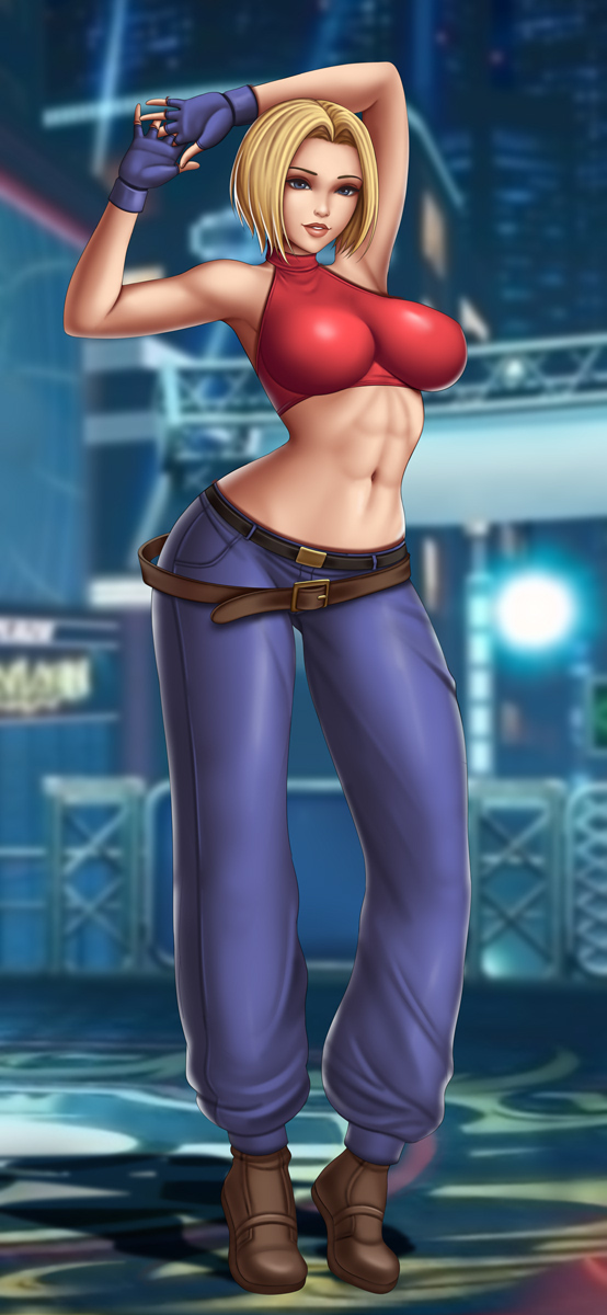 1girl abs armpits arms_up ass baggy_pants bare_shoulders belt beltskirt blonde_hair blue_eyes blue_gloves blue_mary bob_cut breasts brown_footwear contrapposto covered_nipples crop_top denim fatal_fury fingerless_gloves flowerxl forehead full_body gloves grin hair_intakes highres impossible_clothes impossible_shirt large_breasts lips looking_at_viewer lowleg lowleg_pants midriff muscular muscular_female navel nose own_hands_together pants parted_hair pervert red_shirt shirt short_hair sleeveless sleeveless_shirt smile solo standing the_king_of_fighters turtleneck