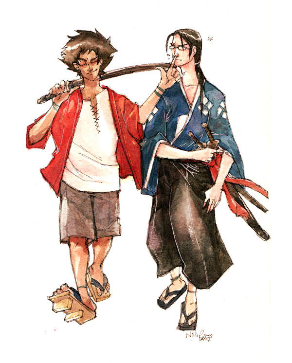 2boys anger_vein black_footwear black_hair black_pants blue_kimono brown_footwear brown_hair brown_shorts closed_eyes closed_mouth commentary english_commentary finger_to_mouth full_body geta glasses haori holding holding_sword holding_weapon jacket japanese_clothes jinnosuke katana kimono long_hair looking_at_another male_focus mugen_(samurai_champloo) multiple_boys neomonki pants red_jacket samurai_champloo sheath sheathed shirt short_hair shorts shushing signature simple_background smile spiked_hair sword walking weapon white_background white_shirt