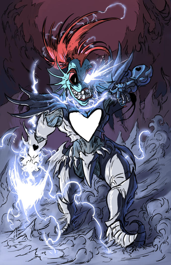 anthro blue_body blue_skin energy_weapon female fish hair havesomemoore humanoid marine melee_weapon polearm red_hair solo spear undertale_(series) undyne undyne_the_undying weapon