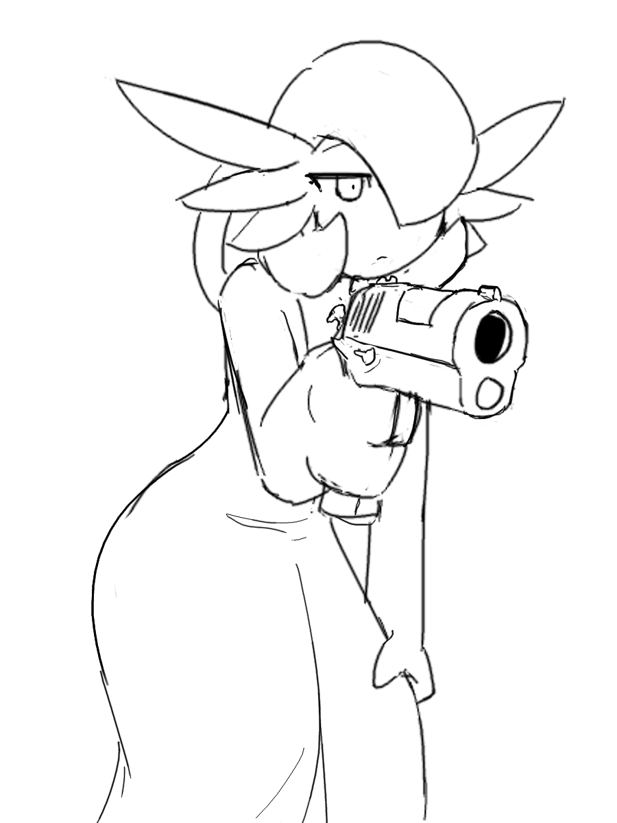 emily_(livinlovindude) female gun handgun hi_res humanoid line_art livinlovindude monochrome nintendo pok&eacute;mon pok&eacute;mon_(species) ranged_weapon solo unfinished video_games weapon