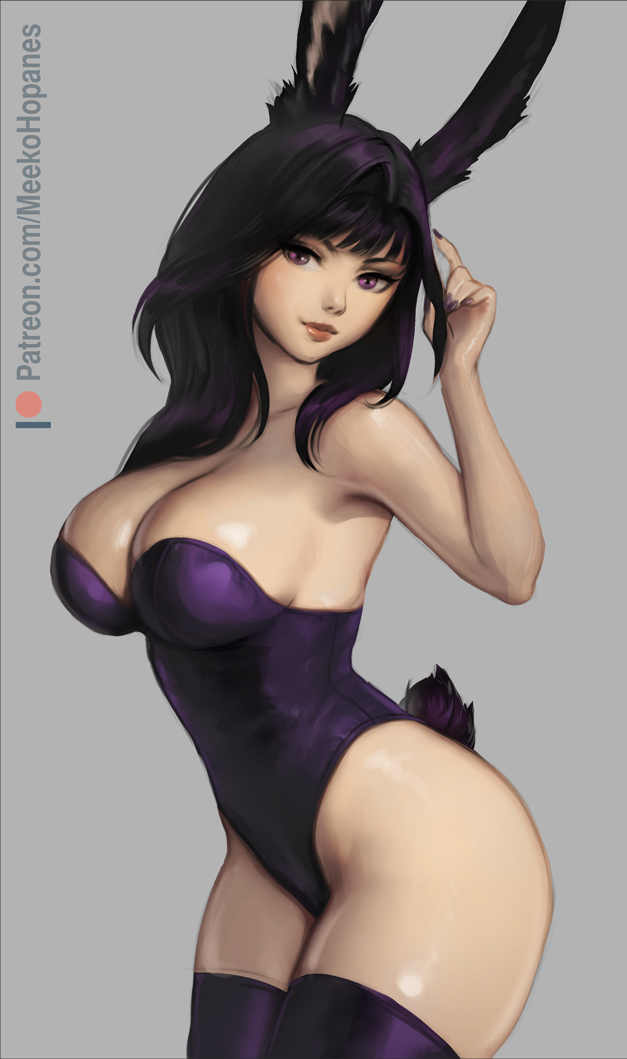 1girl animal_ears arm_up artist_name bare_shoulders black_hair breasts cleavage closed_mouth cowboy_shot dress grey_background hand_in_own_hair large_breasts leotard looking_at_viewer meekohopanes nail_polish original paid_reward_available patreon_logo patreon_username playboy_bunny purple_eyes purple_legwear purple_leotard purple_nails rabbit_ears rabbit_tail simple_background solo strapless strapless_dress tail thighhighs thighs web_address