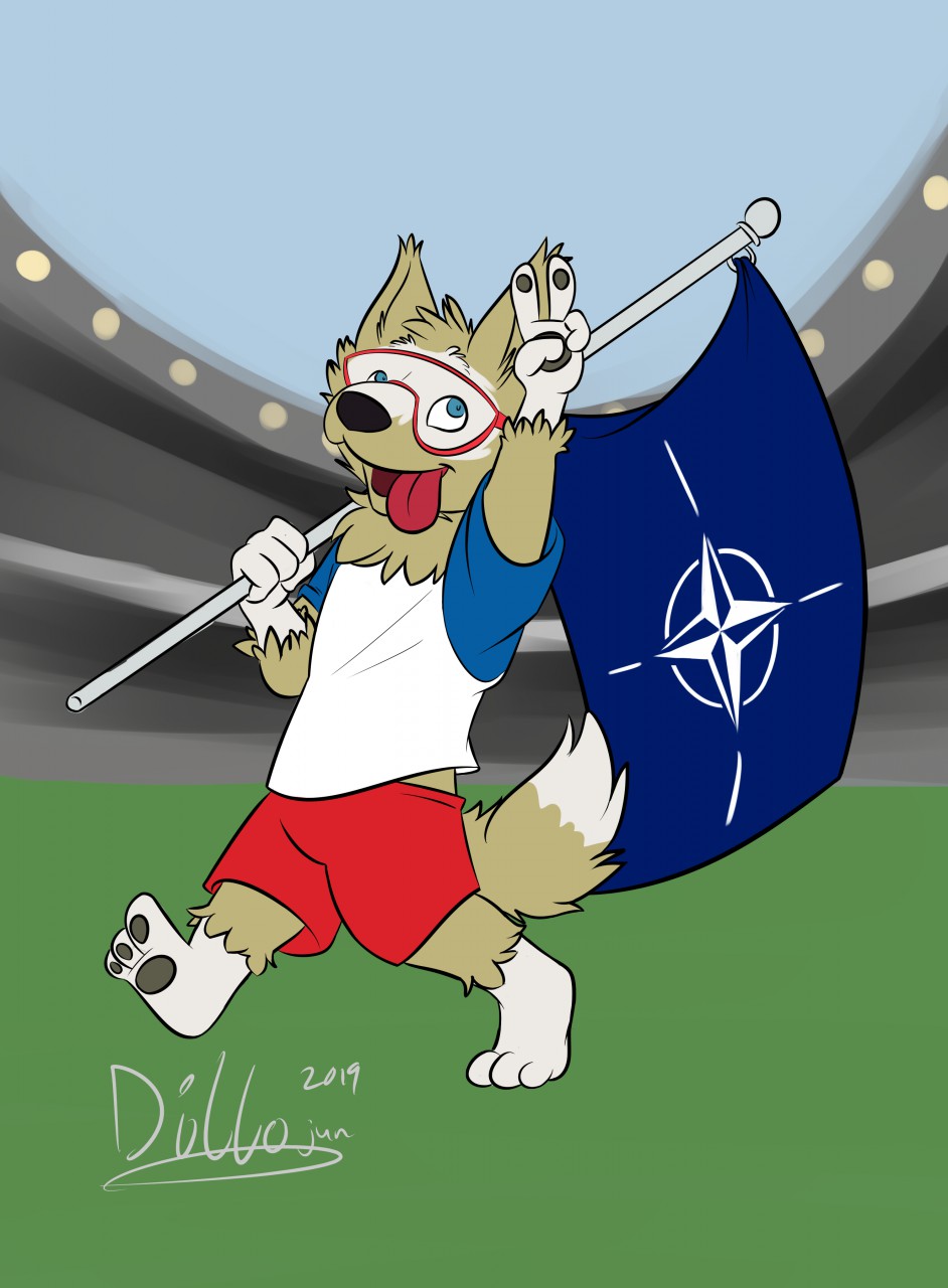 2019 3_toes anthro armeddillo black_nose blue_eyes bottomwear canid canine canis clothing compass dipstick_tail eyewear feet field fifa flag flag_(object) football_field football_uniform fur gesture goggles hi_res looking_up male mammal markings mascot nato_flag north_atlantic_treaty_organization open_mouth pawpads paws political_cartoon politics red_bottomwear red_clothing red_shorts russia russian russo-ukrainian_war shirt shorts solo sport stadium tail_markings toes tongue tongue_out topwear v_sign white_body white_clothing white_feet white_fur white_shirt white_topwear wolf zabivaka