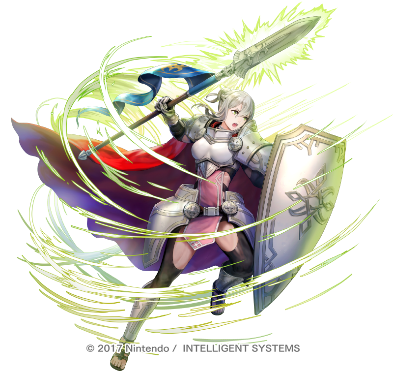 1girl alternate_costume armor asatani_tomoyo bangs bodysuit bodysuit_under_clothes breastplate cape commentary_request dress effie_(fire_emblem) fire_emblem fire_emblem_fates fire_emblem_heroes full_body gauntlets green_eyes grey_hair hair_bun holding lips looking_at_viewer official_art parted_lips pelvic_curtain red_cape sandals shield shiny shiny_hair short_dress shoulder_armor simple_background smile solo standing toeless_footwear toes white_background