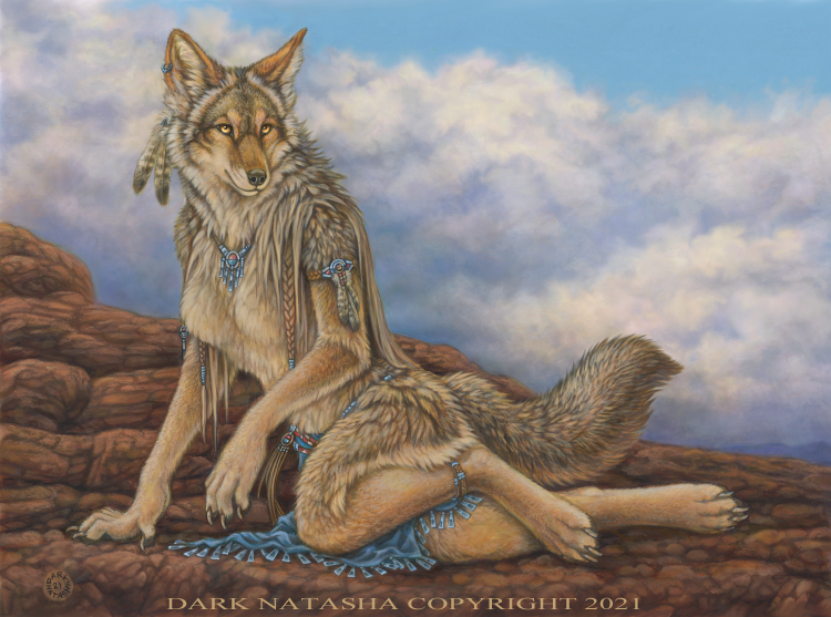 2021 4_toes 5_fingers anthro breasts canid canine canis coyote dark_natasha day detailed_background featureless_breasts feet female fingers jewelry mammal outside sky solo toes traditional_media_(artwork) tribal tribal_clothing tribal_jewelry