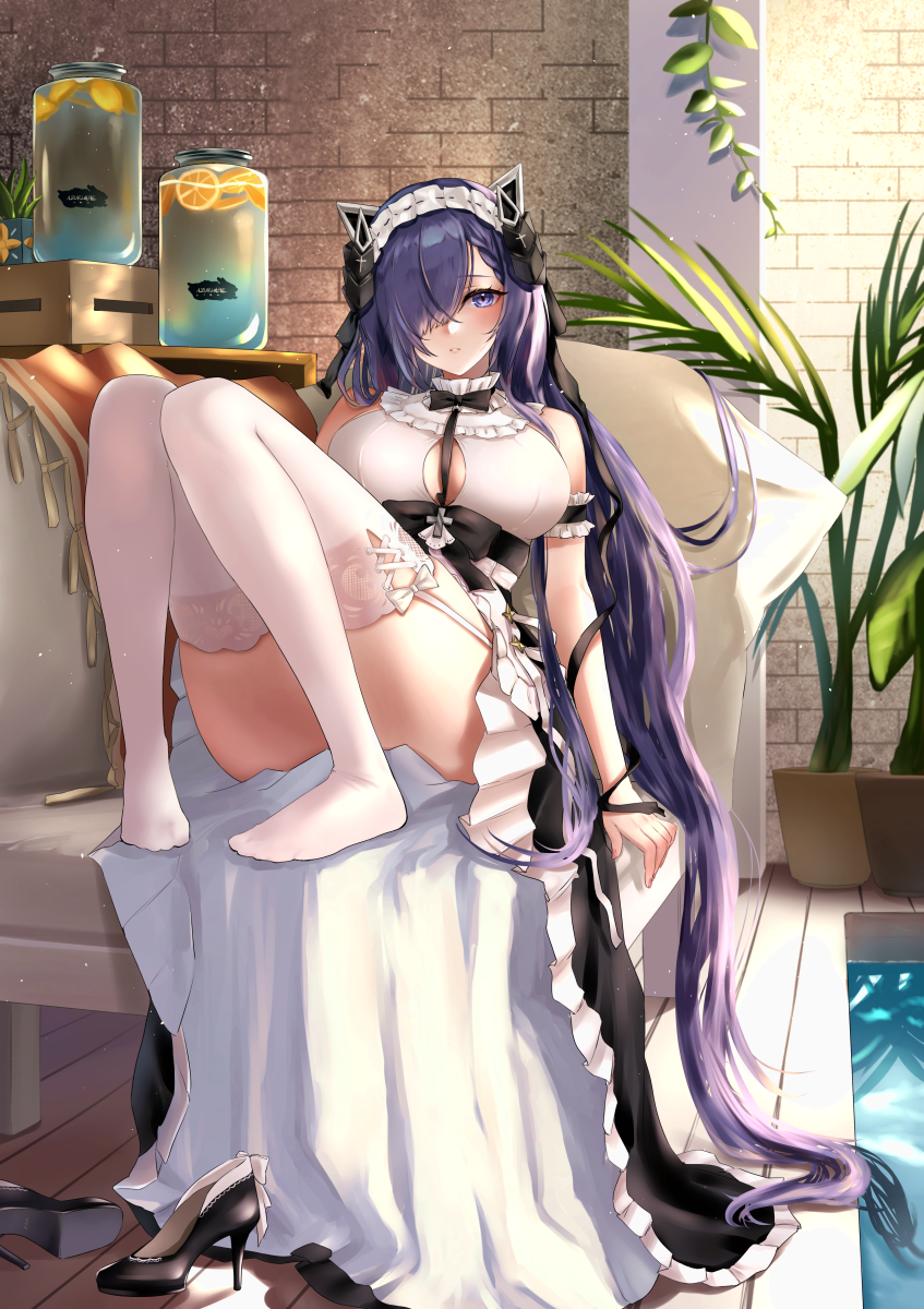 1girl arm_cuffs august_von_parseval_(azur_lane) august_von_parseval_(the_conquered_unhulde)_(azur_lane) azur_lane bangs banned_artist black_dress black_footwear black_hair black_ribbon blue_eyes blue_hair blush breasts cleavage_cutout clothing_cutout collar convenient_leg couch dress eyebrows_visible_through_hair eyelashes floor food frilled_collar frills fruit full_body garter_straps hair_over_one_eye hair_ribbon high_heels highres horns indoors jar large_breasts legs long_hair looking_at_viewer lying maid_headdress mior neck_ribbon no_shoes official_alternate_costume on_back orange_(fruit) orange_slice parted_lips plant potted_plant revision ribbon shoes shoes_removed sleeveless sleeveless_dress soles solo sunlight thighhighs thighs white_legwear wooden_floor