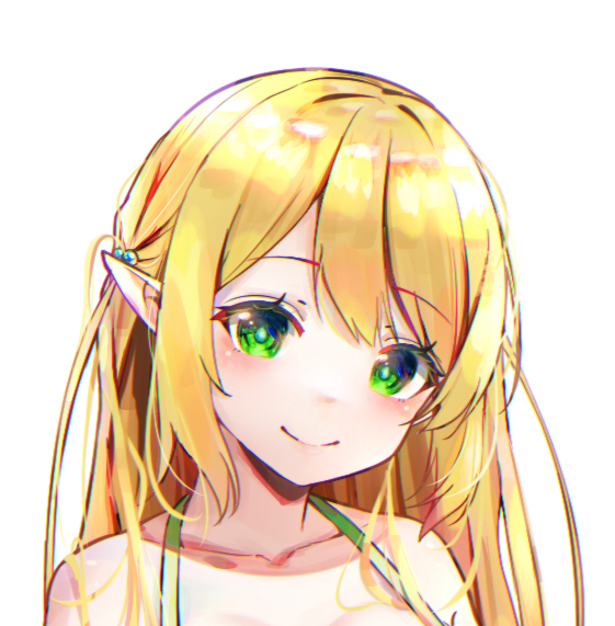 1girl bare_shoulders blonde_hair closed_mouth collarbone commentary_request green_eyes hair_bobbles hair_ornament halterneck han_(hehuihuihui) long_hair looking_at_viewer original pointy_ears simple_background smile solo upper_body white_background