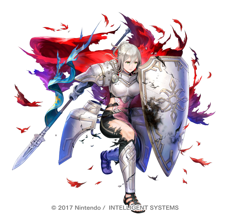 1girl alternate_costume armor asatani_tomoyo bangs bodysuit bodysuit_under_clothes breastplate cape commentary_request dress effie_(fire_emblem) fire_emblem fire_emblem_fates fire_emblem_heroes full_body gauntlets green_eyes grey_hair hair_bun holding lips looking_at_viewer official_art parted_lips pelvic_curtain red_cape sandals shield shiny shiny_hair short_dress shoulder_armor simple_background smile solo standing toeless_footwear toes torn_clothes white_background