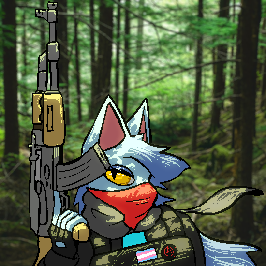 2022 ak-47 anarchy_symbol anthro assault_rifle atomic_cat atomic_corenthal bandanna black_clothing black_hoodie black_topwear blue_body blue_clothing blue_eyeshadow blue_fur blue_hair blue_shirt blue_topwear bulletproof_vest clothed clothing domestic_cat eyelashes eyeshadow felid feline felis female fingerless_gloves forest forest_background fully_clothed fur gloves gun hair handwear holding_gun holding_object holding_weapon hoodie kerchief lgbt_pride light lighting makeup mammal mascara nature nature_background photo_background pins plant pride_colors ranged_weapon rifle scarf shirt topwear trans_(lore) trans_woman_(lore) transgender_pride_colors tree weapon yellow_eyes