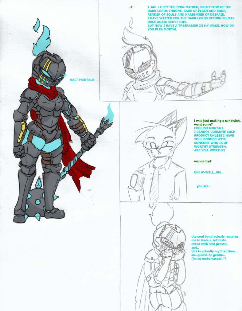 anthro armor canid canine colored comic dark_souls duo fan_character female fox fromsoftware ghost male male/female mammal pace-maker sandwich_(disambiguation) spirit thick_thighs video_games weapon