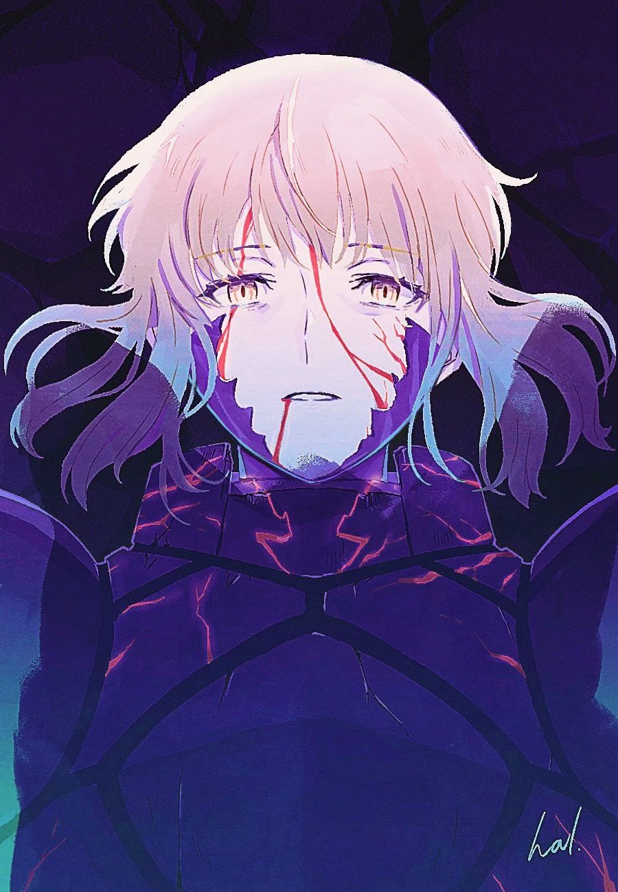 1girl armor artoria_pendragon_(fate) bags_under_eyes bangs black_armor blonde_hair blood blood_from_mouth blood_on_face breastplate eyebrows_visible_through_hair facial_mark fate/stay_night fate_(series) hal_(haaaalhal) heaven's_feel highres looking_at_viewer portrait saber_alter shadow signature yellow_eyes