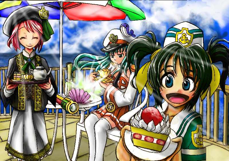3girls black_headwear black_shirt bottle cake cake_slice closed_eyes closed_mouth cloud cloudy_sky commentary commentary_request cup dress food fruit gaoo_(frpjx283) gold_trim green_eyes green_hair green_shirt guard_rail hat kneehighs long_hair multiple_girls ocean open_mouth orange_dress original plate red_hair sailor_collar sailor_hat sailor_shirt shirt short_hair short_twintails sky strawberry strawberry_shortcake table tea teacup teapot telescope translation_request twintails umbrella whale_ornament white_dress white_headwear