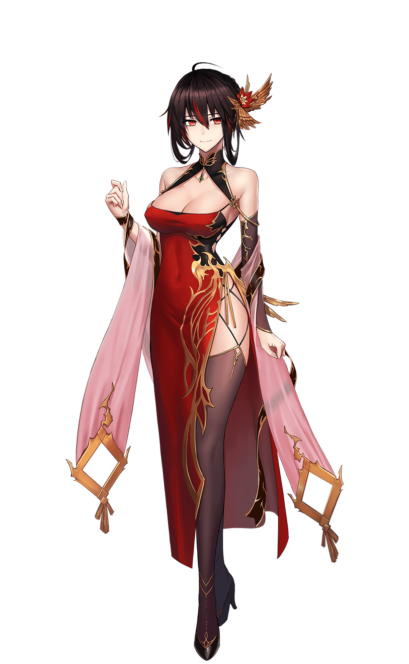 1girl ahoge black_hair black_legwear breasts china_dress chinese_clothes cleavage closed_mouth covered_navel covered_nipples detached_sleeves dress fate/empire_of_dirt full_body game_cg hair_between_eyes hair_ornament high_heels highres ikemeru19 large_breasts liu_xiu_(fate/empire_of_dirt) long_dress multicolored_hair non-web_source red_dress red_eyes red_hair sash short_hair_with_long_locks side_slit sidelocks simple_background smile solo standing streaked_hair tachi-e thighhighs transparent_background
