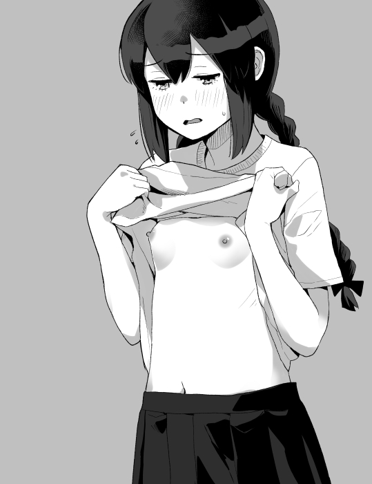 1girl bangs banned_artist blush braid breasts clothes_lift eyebrows_visible_through_hair flying_sweatdrops greyscale half-closed_eyes isonami_(kancolle) kantai_collection lifted_by_self long_hair makio_(makiomeigenbot) monochrome parted_lips pleated_skirt shirt_lift short_sleeves skirt small_breasts solo sweat twin_braids upper_body