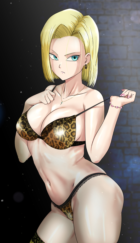 1girl android_18 animal_print aqua_eyes blonde_hair bra bra_pull bracelet breasts closed_mouth clothes_pull collarbone contrapposto dragon_ball dragon_ball_z earrings forehead from_side hands_up jewelry lace-trimmed_panties lace_trim large_breasts leopard_print mature_female minpei_ichigo navel necklace panties pink_nails print_bra print_panties pulled_by_self short_hair skindentation solo stomach strap_pull thighhighs underwear