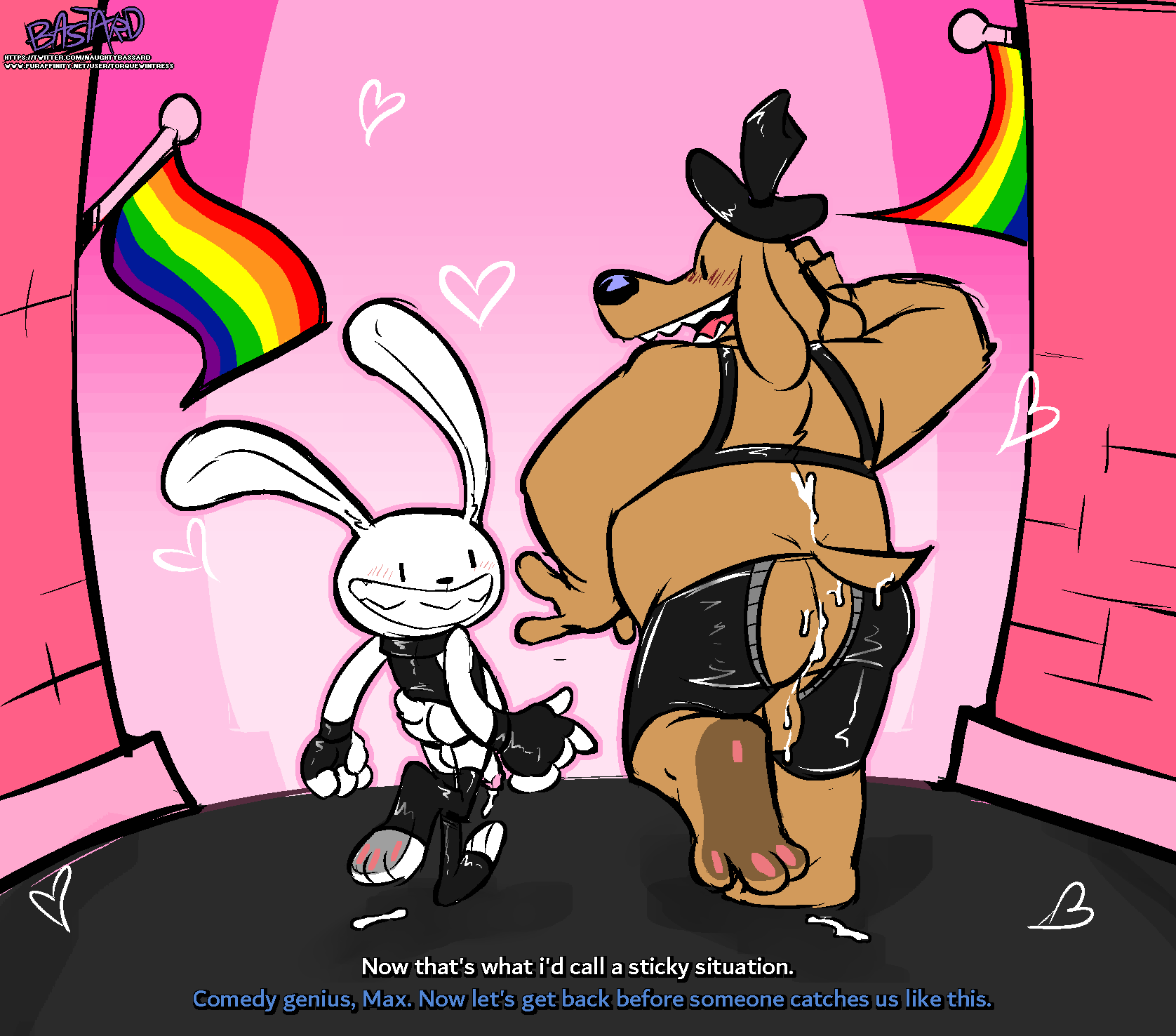 &lt;3 2021 3_toes after_sex anthro backsack balls bdsm black_nose blush bodily_fluids brown_body brown_fur butt canid canine canis clothed clothing cum cum_on_back cum_on_butt dialogue digital_drawing_(artwork) digital_media_(artwork) domestic_dog duo edit english_text feet flag flag_(object) flag_on_wall fur genital_fluids genitals glistening hat headgear headwear hearts_around_body hearts_around_entire_body hi_res hindpaw lagomorph leporid lgbt_pride male mammal max_(sam_and_max) naughtybassard open_mouth outline_heart pawpads paws pride_color_flag pride_colors rabbit rainbow_flag rainbow_pride_colors rainbow_pride_flag rainbow_symbol rubber sam_and_max samuel_dog signature simple_background size_difference small_dom_big_sub smile text toes toony white_body white_fur