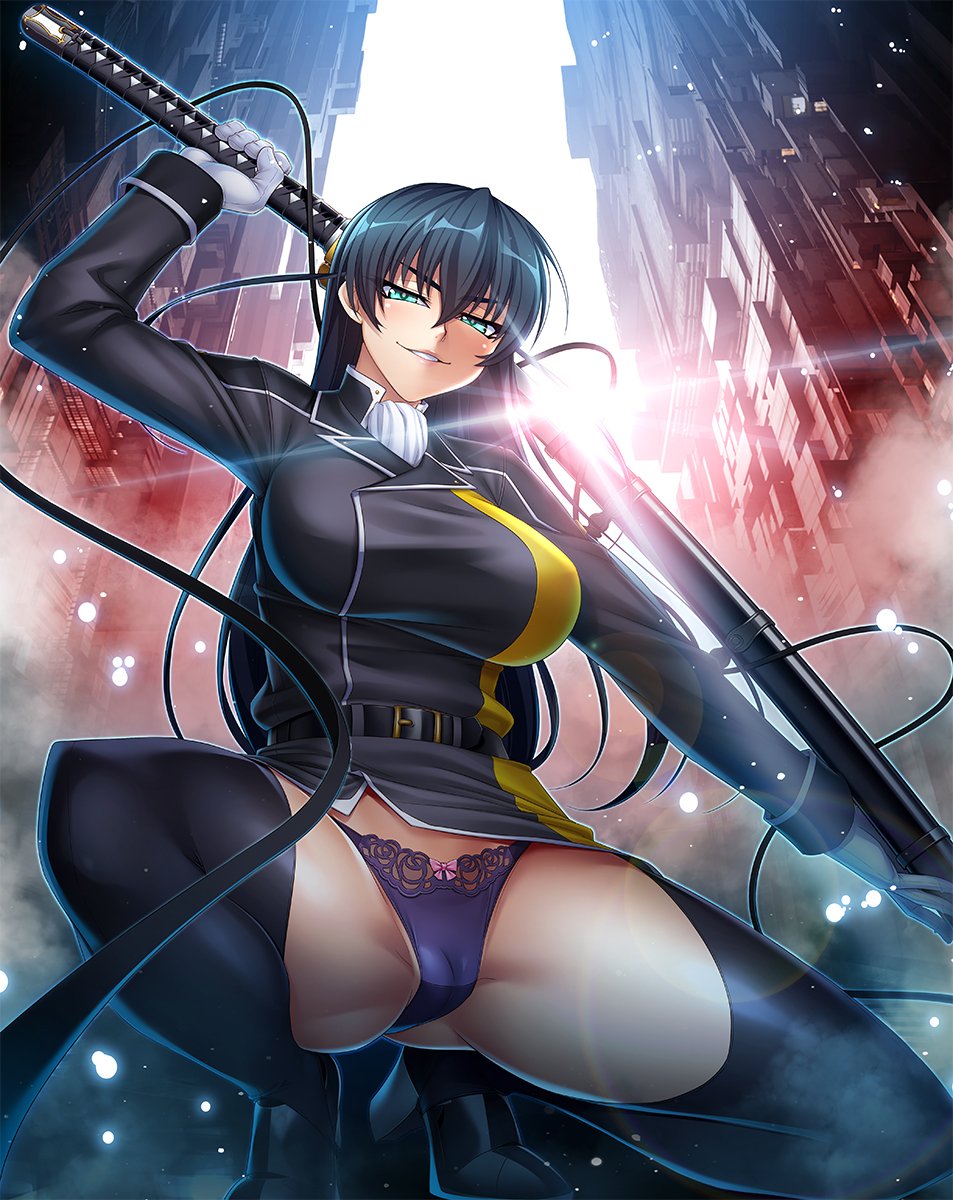 1girl aqua_eyes blue_hair bow bow_panties breasts commentary_request eyebrows_visible_through_hair gloves highres holding holding_sword holding_weapon igawa_asagi kagami_hirotaka katana large_breasts long_hair long_sleeves looking_at_viewer official_art panties parted_lips sasayama_ittousai sheath skirt smile solo sword taimanin_(series) taimanin_asagi taimanin_asagi_kessen_arena thighhighs underwear weapon white_gloves white_sky